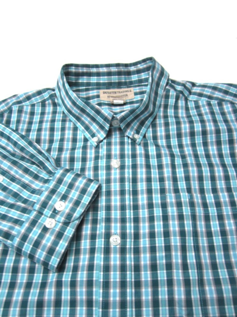Duluth Trading Co Mens Size 2XL Wrinklefighter Green Teal White Plaid Shirt